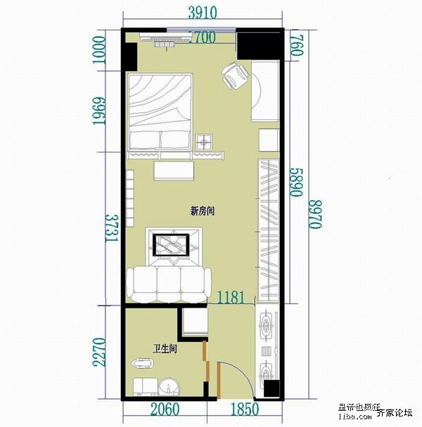 房子是自己设计的,平面图只能凑合着看,户型很简单,就是一个长方形